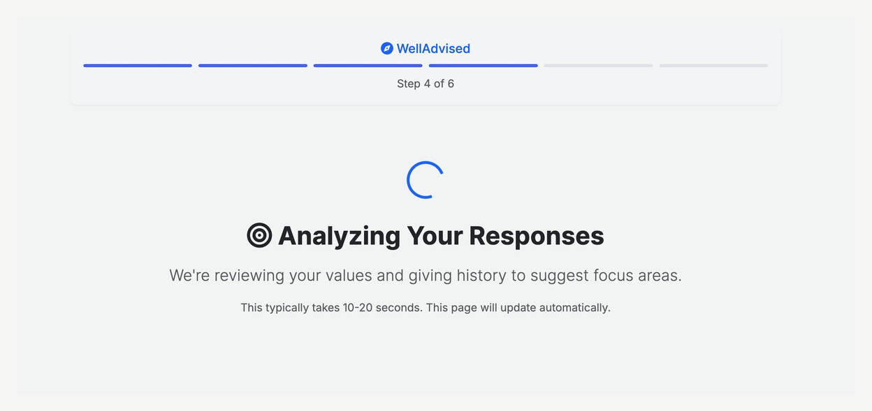 WellAdvised Analyzing Your Responses screen — a loading state explaining the system is reviewing values and giving history to suggest focus areas