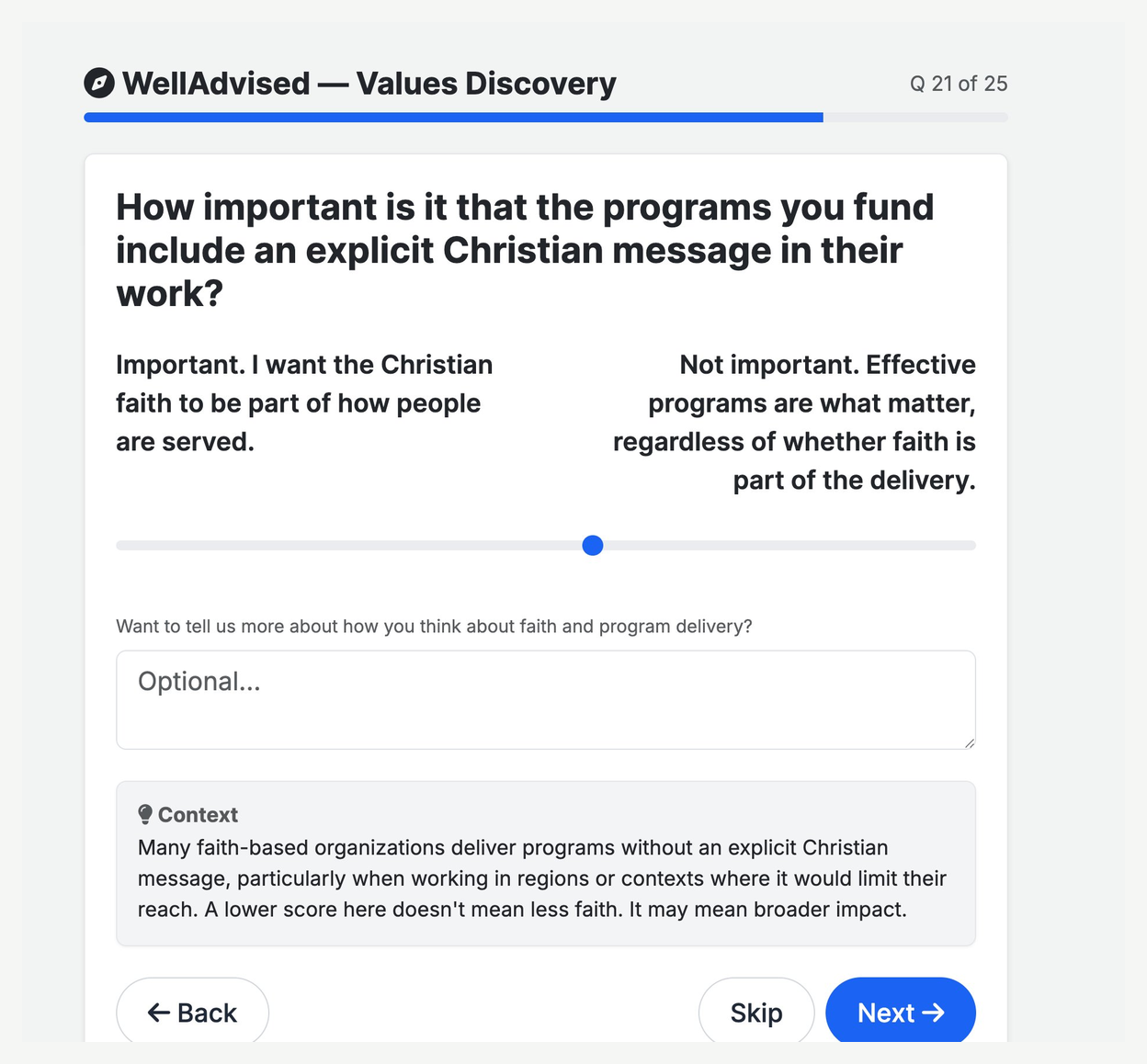 WellAdvised Faith module question — How important is it that the programs you fund include an explicit Christian message in their work? — with a nuanced slider