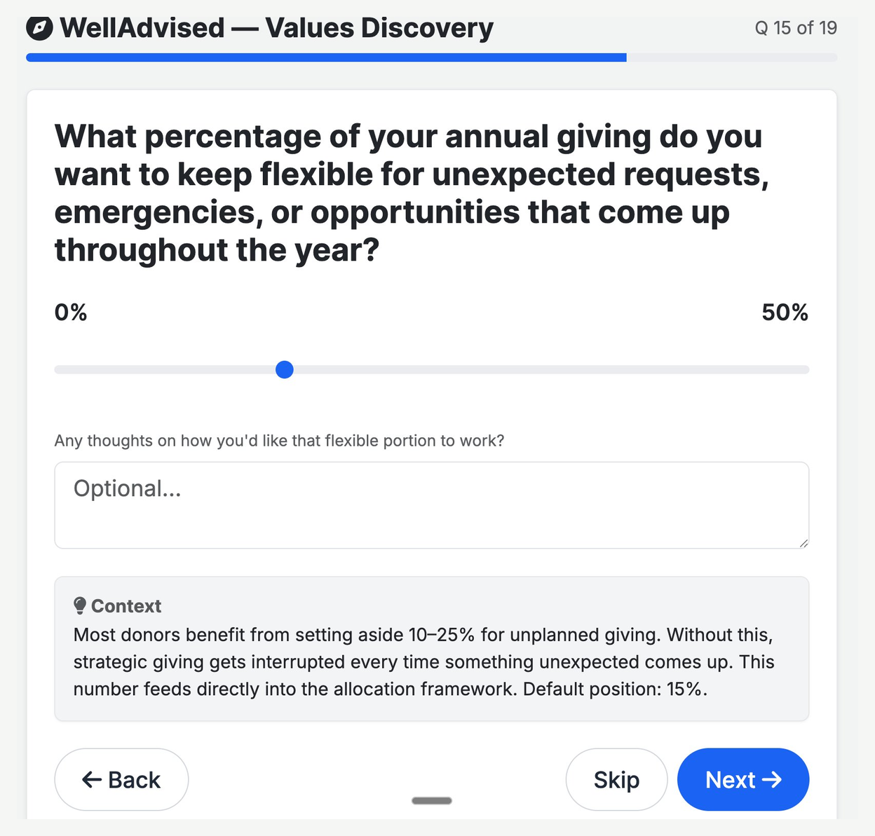 WellAdvised slider asking what percentage of annual giving the client wants to keep flexible for unexpected requests, emergencies, or opportunities
