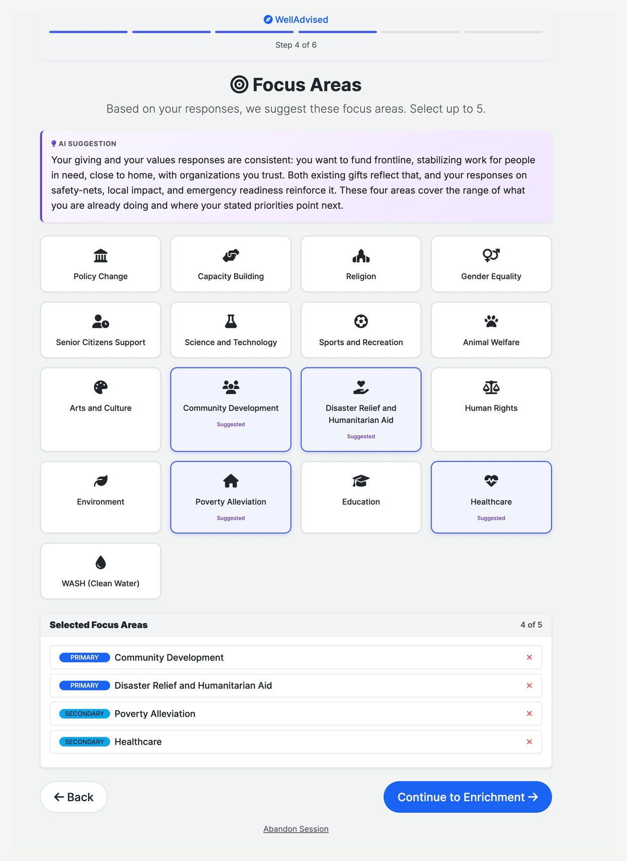 WellAdvised Focus Areas selection screen showing AI-suggested focus areas in highlighted boxes, with an AI Suggestion paragraph explaining why those areas were suggested