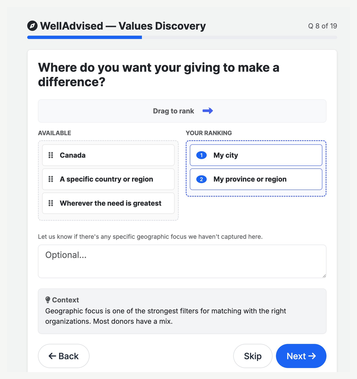 WellAdvised geographic focus question asking where the client wants their giving to make a difference, with drag-to-rank options for city, province, country, and global