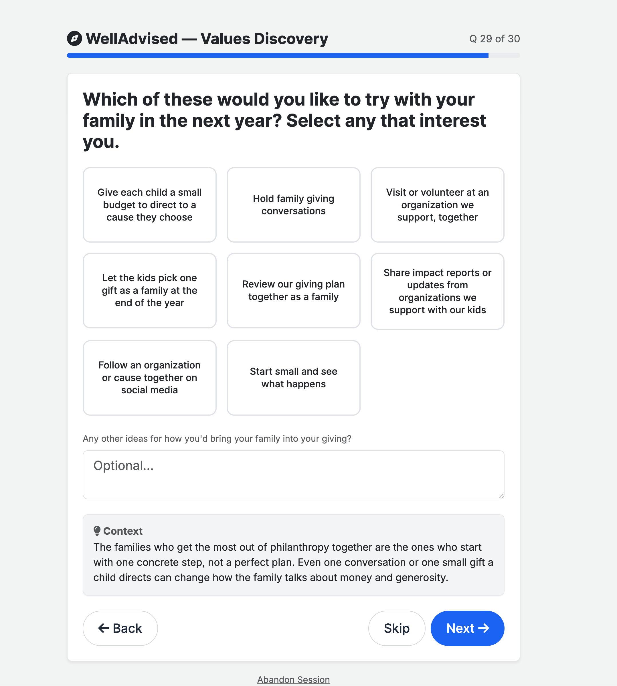 WellAdvised Next-Generation module — How would you like your children to be part of your family's giving? — with a card-grid of involvement options and a Context panel explaining there's no single right way