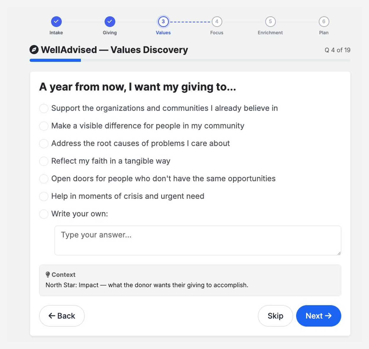 WellAdvised North Star question — A year from now, I want my giving to... with multiple choice answers and a write-your-own option