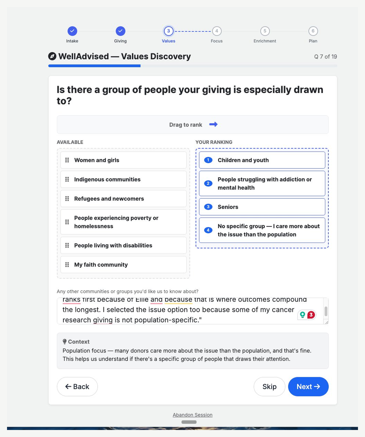 WellAdvised drag-to-rank question asking which groups of people the client's giving is especially drawn to