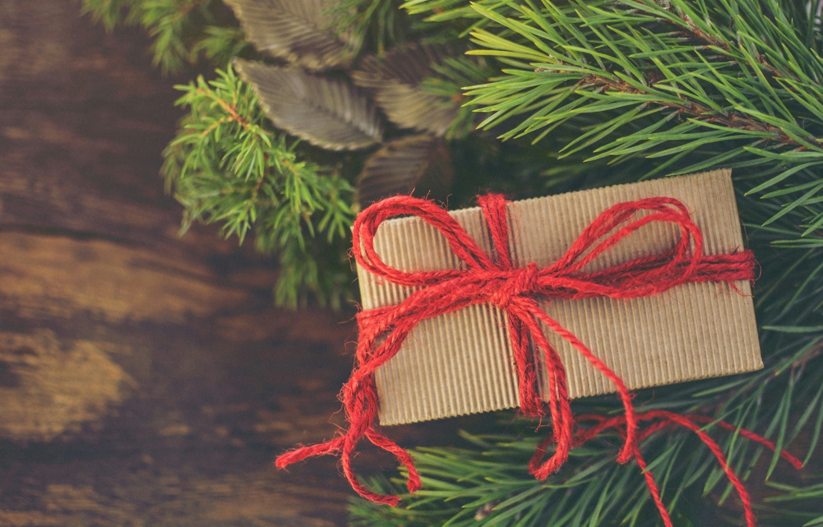 A small gift wrapped in brown paper and red twine, resting on pine branches