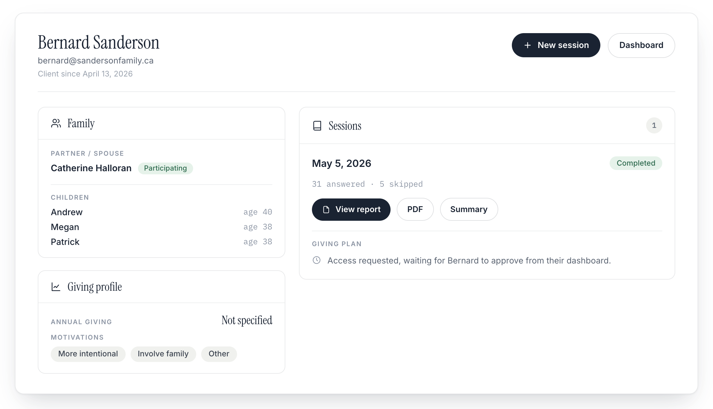 Advisor client view with family details, giving profile, and WellAdvised sessions